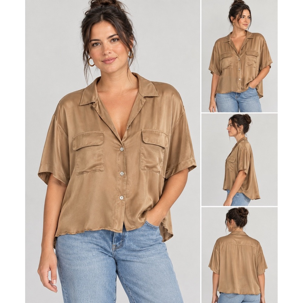Zara Boxy Button Down Shirt Large Tan Short Sleeve Pocket Viscose Satin Soft